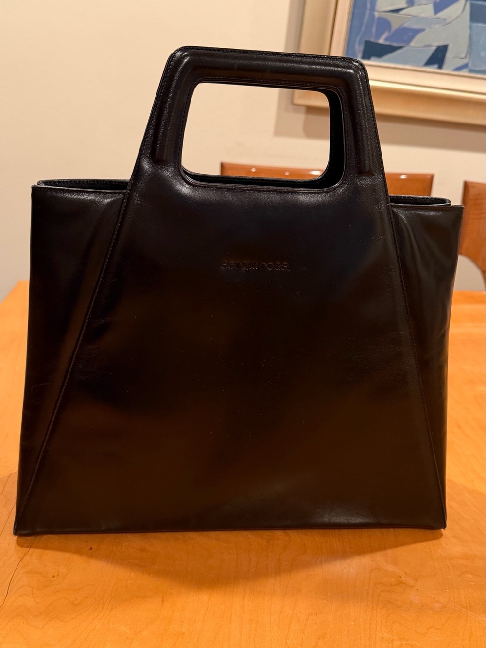 Sergio Rossi Black Structured Leather Tote Bag with Top Handle